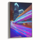 Framed canvas artwork depicting a vibrant landscape with a bridge, featuring a silver frame. Ideal for home decor, adding a serene touch to any room.