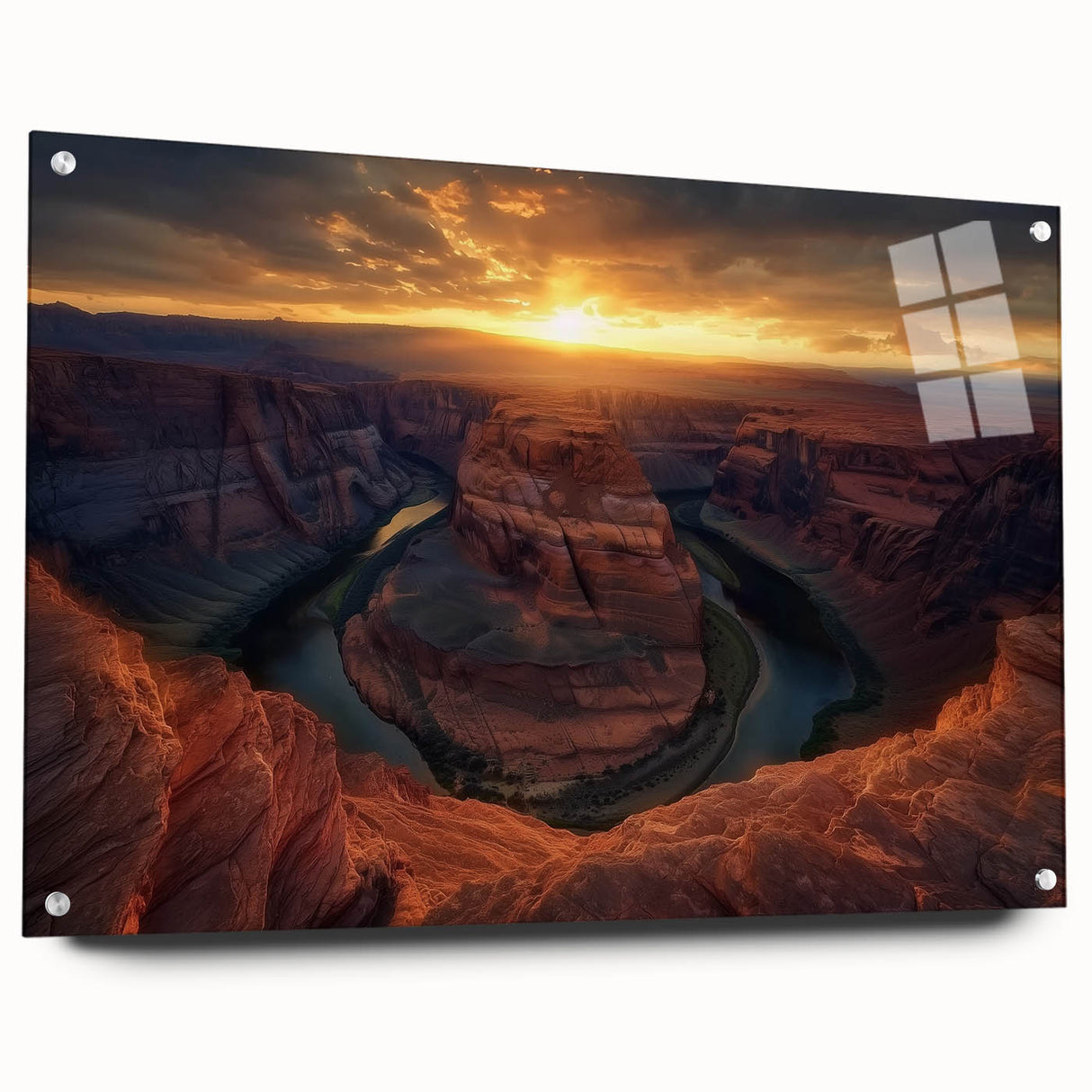 Acrylic glass art piece showcasing a stunning landscape of canyons, viewed from the side with decorative pins, ideal for modern home decor.