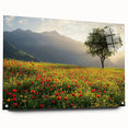 Acrylic landscape artwork depicting a serene countryside scene, displayed in a side view, showcasing vibrant colors and intricate details with decorative pins.