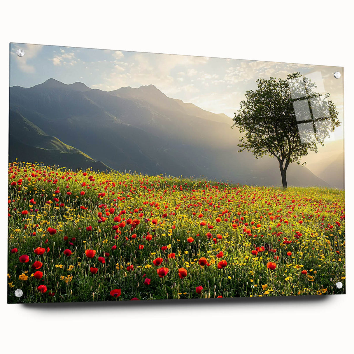 Acrylic landscape artwork depicting a serene countryside scene, displayed in a side view, showcasing vibrant colors and intricate details with decorative pins.