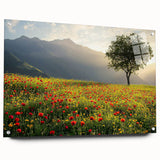 Acrylic landscape artwork depicting a serene countryside scene, displayed in a side view, showcasing vibrant colors and intricate details with decorative pins.