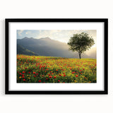 Black-framed landscape print showcasing a serene countryside scene with lush greenery and rolling hills, ideal for home decor or art enthusiasts.