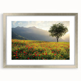 Framed silver countryside landscape artwork with a mat, showcasing serene rolling hills and vibrant greenery, ideal for home or office decor inspiration.