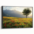 Framed canvas artwork showcasing a serene countryside landscape with vibrant colors and intricate details, set against a sleek black frame, perfect for home decor.