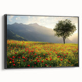 Framed canvas artwork showcasing a serene countryside landscape with vibrant colors and intricate details, set against a sleek black frame, perfect for home decor.