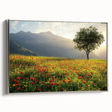 Framed canvas artwork depicting a serene countryside landscape with rolling hills and a silver frame, ideal for enhancing home decor with nature-inspired elegance.