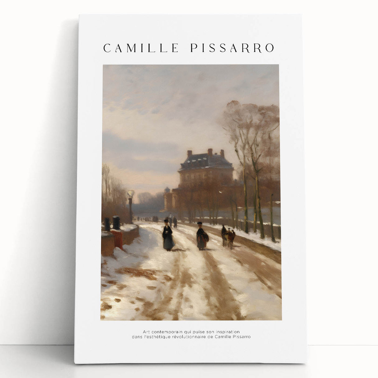 Large black and white stretched canvas of a Camille Pissarro painting, ideal for kitchen wall art or bedroom ambiance.