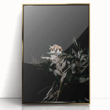 Large art print of a mid-century modernist autumnal scene in gold and orange tones, acrylic framed.