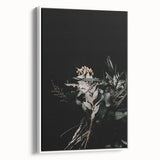 Extra large framed canvas of vintage poster art depicting an abstract fall season, with colorful foliage in black, orange.