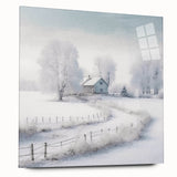Large abstract wall art depicting a winter scene in muted blues and whites on acrylic glass, ideal for dining room ambiance.