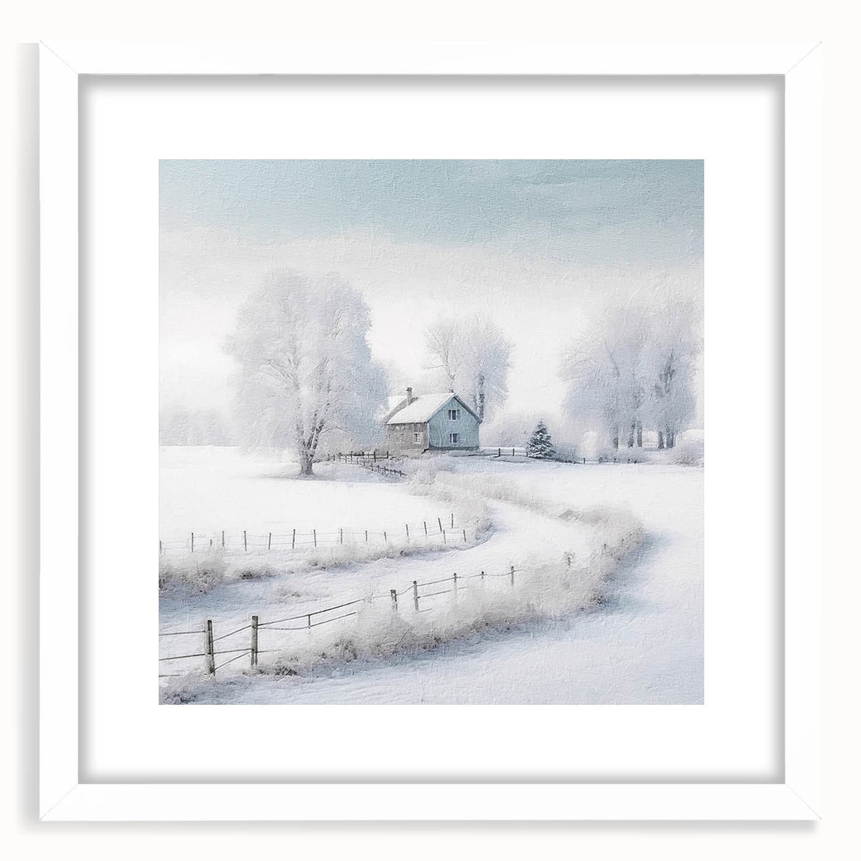 Abstract art print depicting a winter scene in muted blue and white tones, framed with a white mat.