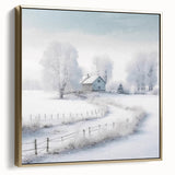 Winter landscape painting on framed canvas, featuring a snowy scene in silver and gold tones, ideal for bedroom decor.