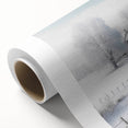 Winter scene with soft snowfall and bare trees on rolled canvas, in muted gray and blue tones, ideal for nursery wall art.
