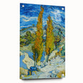 Acrylic print of a Van Gogh-inspired abstract painting with swirls of blue and yellow.