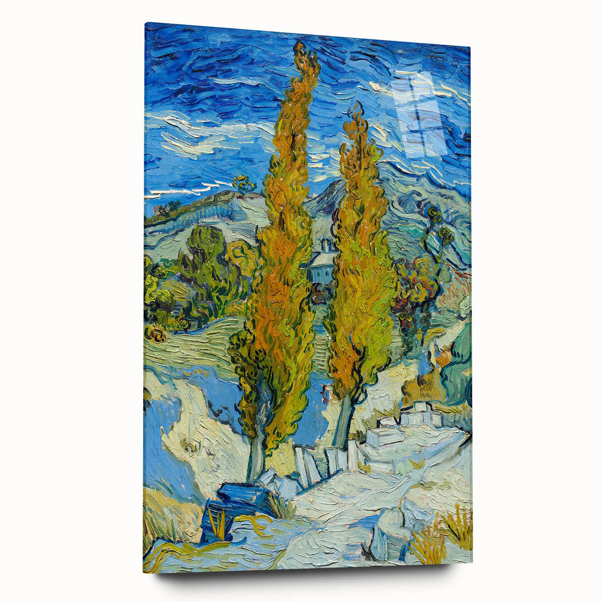Large abstract wall art on acrylic glass depicting vibrant, swirling hues of blue and yellow.