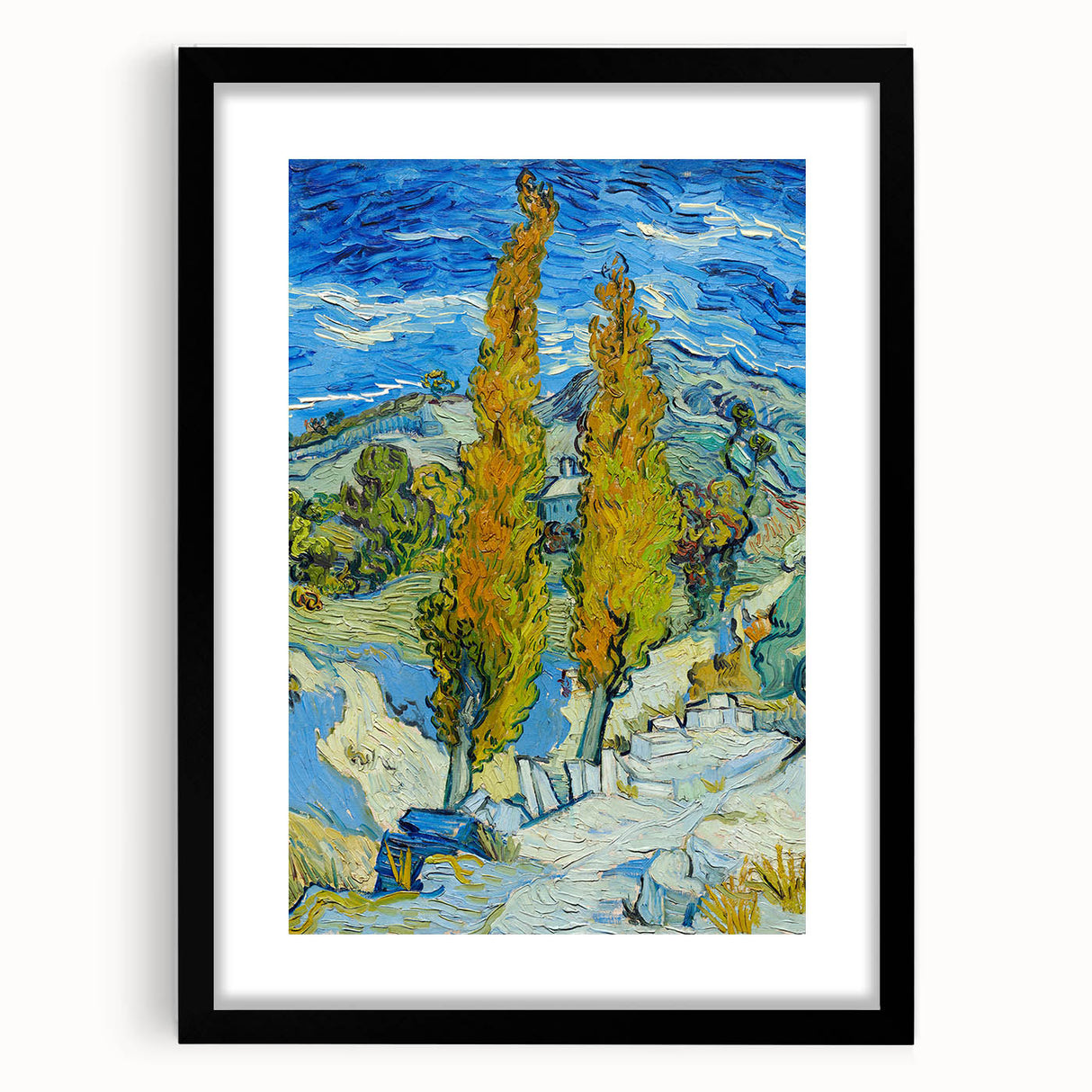 Extra large abstract art print with vibrant, colorful textured strokes on a black framed canvas, ideal for living room decor.