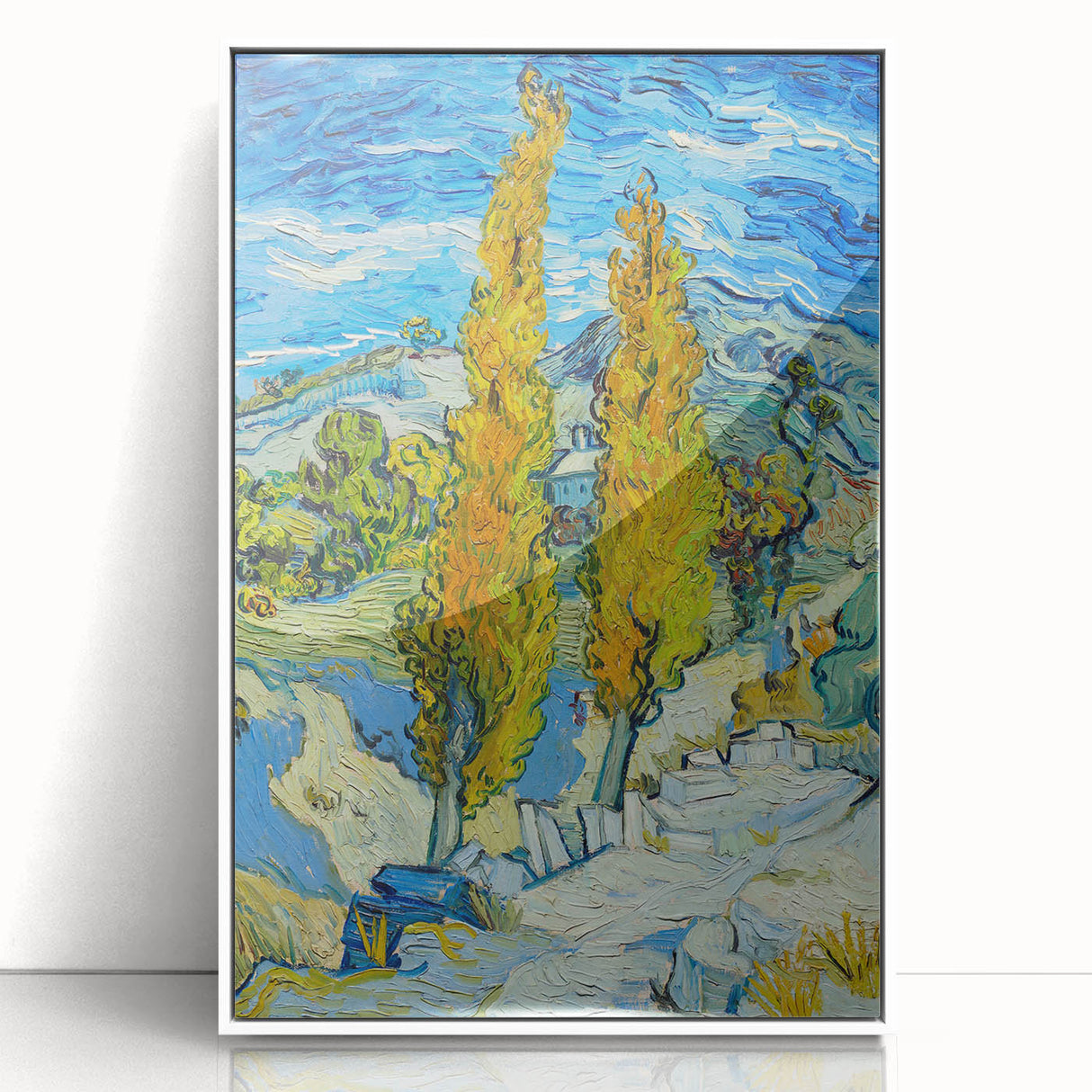 Mid-century modernist style acrylic print of a Van Gogh painting with muted blue and green tones, ideal for nursery wall art.
