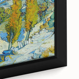 Close-up of a framed canvas featuring a Van Gogh-inspired textured painting in vibrant colors, ideal for living room decor.