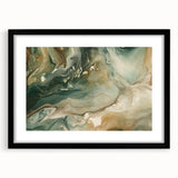 Abstract wall art featuring vibrant strokes in shades of blue, pink, and gold, framed in a sleek black frame with a white mat, perfect for modern home decor.