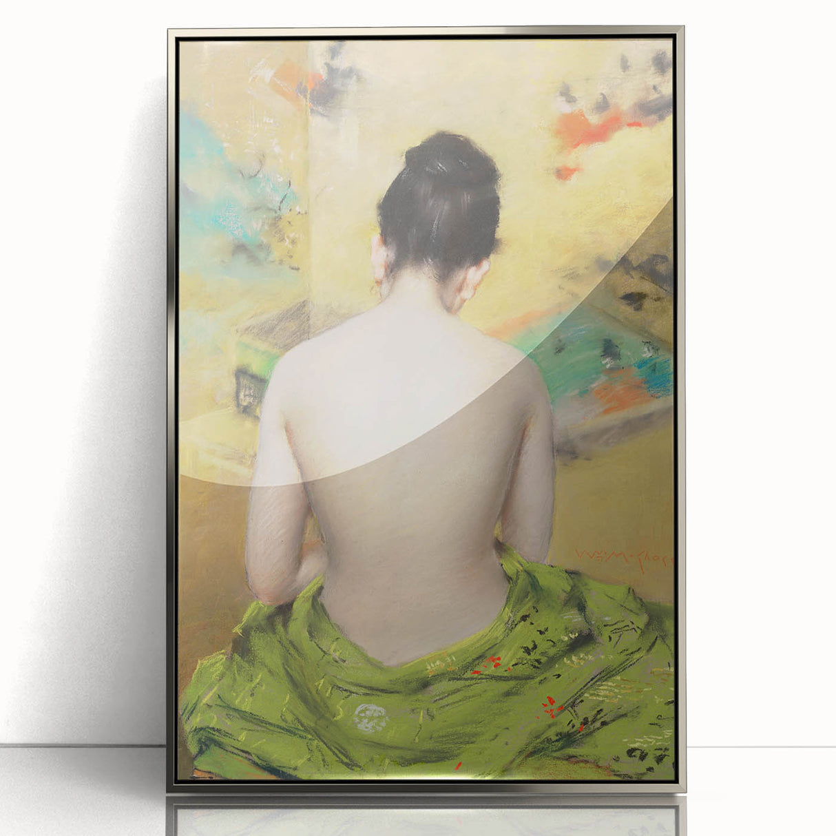 Modern Wall Art: Abstract Nude with Green Kimono and Gold Accents