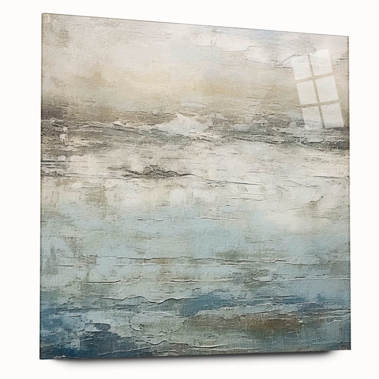 Abstract strokes wall art displayed in acrylic glass, showcasing vibrant colors and fluid designs, perfect for modern home decor. Side view highlights design details and sleek finish.
