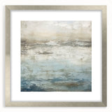 Abstract strokes wall art framed in silver with a mat, showcasing a modern design in soft blue, gold, and white colors, perfect for contemporary decor.