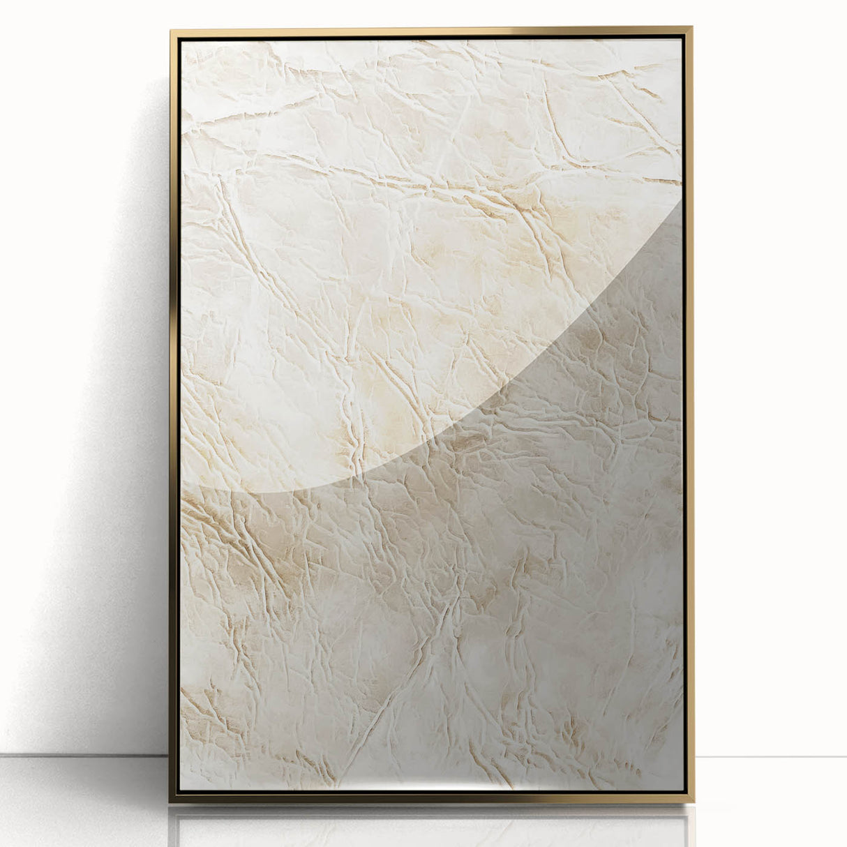 Framed wall art piece featuring abstract strokes in gold and neutral tones, ideal for modern decor. The artwork showcases a sleek acrylic finish, enhancing its contemporary appeal.