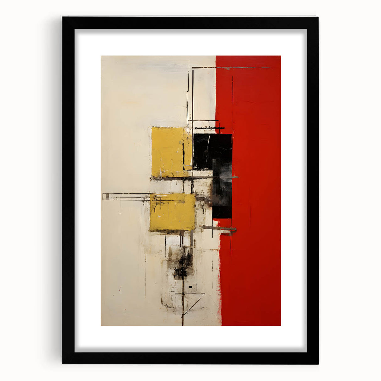 Abstract wall art print featuring vibrant strokes in shades of blue, pink, and yellow, framed in black with a white mat, perfect for modern home decor.