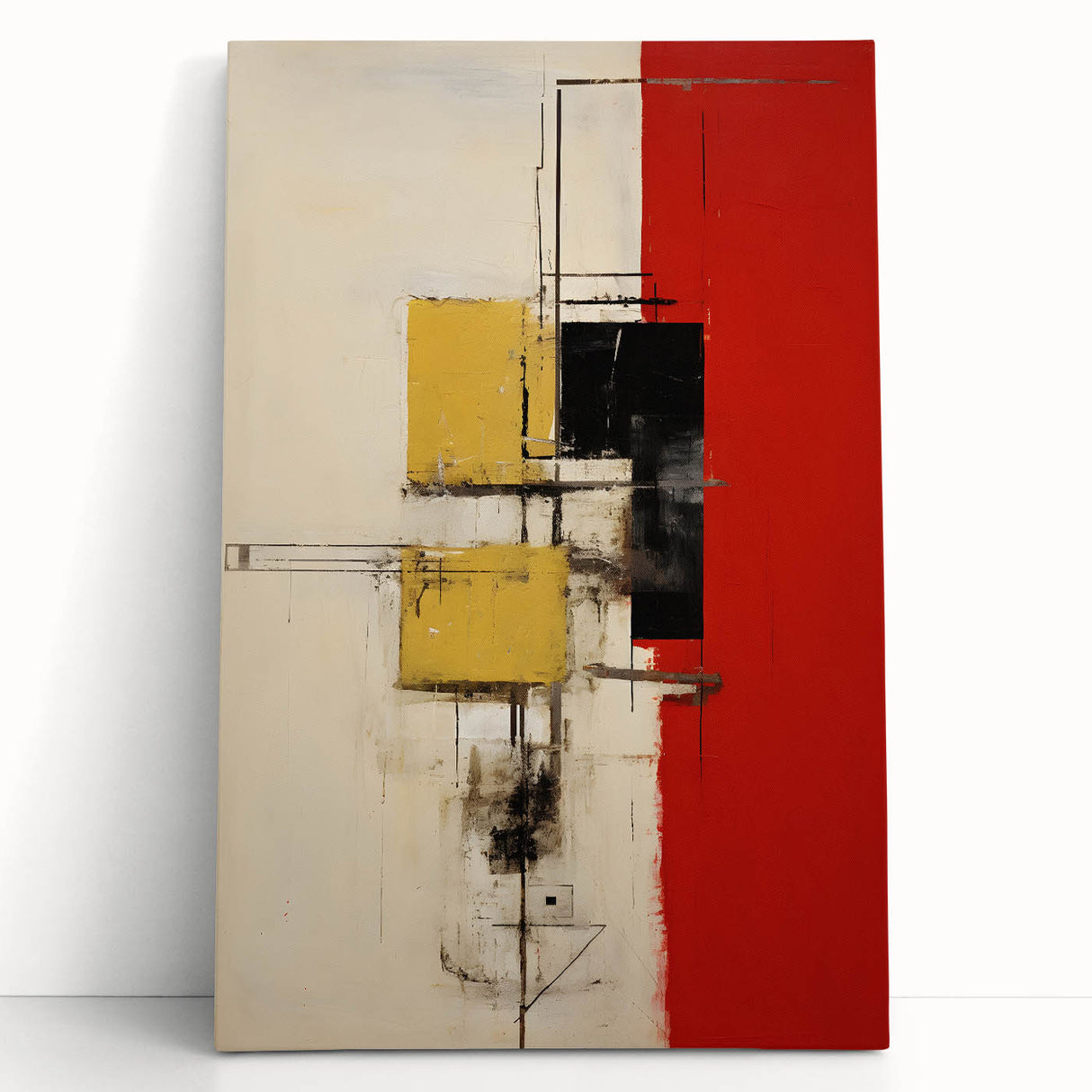 Abstract wall art featuring vibrant blue, green, and gold strokes on stretched canvas, leaning against a neutral wall, perfect for modern home decor. Ideal for enhancing living spaces with a contemporary artistic touch.