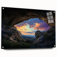 Acrylic and glass landscape artwork showcasing a cave scene, displayed from a side view with decorative pins holding it in place, perfect for modern decor.