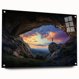 Acrylic and glass landscape artwork showcasing a cave scene, displayed from a side view with decorative pins holding it in place, perfect for modern decor.
