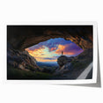Vibrant rolled print showcasing an intricate landscape design with caves, featuring earthy tones and a textured finish, packaged securely in a cardboard tube for easy shipping and display.