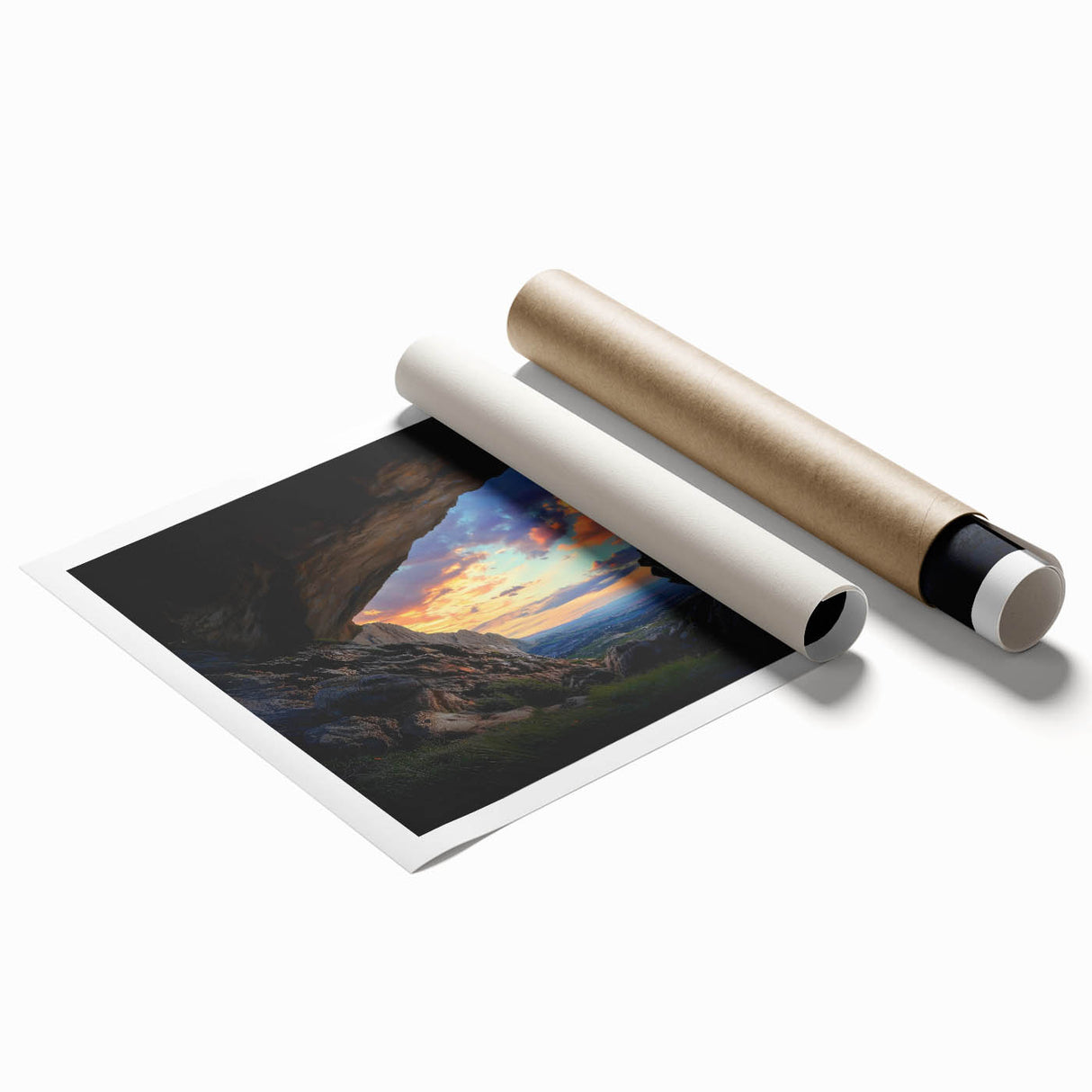 Stunning rolled print showcasing a vibrant landscape scene with intricate cave formations, designed for art enthusiasts, securely packaged for delivery.