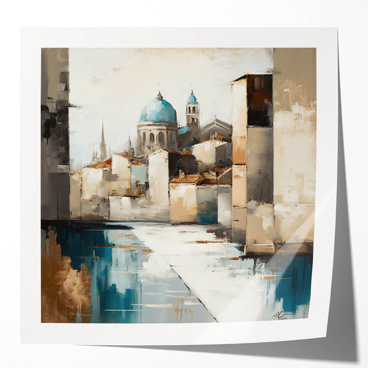 Abstract architectural wall art print showcasing a glossy finish, featuring geometric shapes and vibrant colors, perfect for modern home decor.