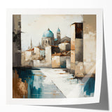 Abstract architectural wall art print showcasing a glossy finish, featuring geometric shapes and vibrant colors, perfect for modern home decor.