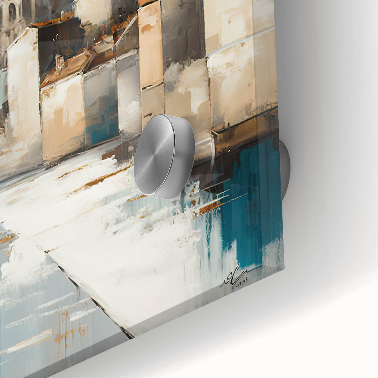 Close-up of abstract architecture wall art featuring vibrant colors and geometric shapes on acrylic glass, emphasizing modern design aesthetics for contemporary decor.