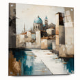 Abstract architectural wall art design printed on acrylic glass, showcasing vibrant colors and geometric shapes, highlighted by shiny metal pins for mounting. This side view emphasizes its modern aesthetic, suitable for contemporary home decor.