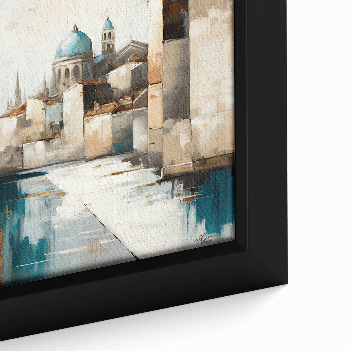 Close-up of an abstract architecture wall art piece featuring geometric shapes and vibrant colors, elegantly framed for modern home decor. Ideal for enhancing any interior space with a contemporary touch.