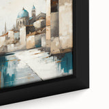 Close-up of an abstract architecture wall art piece featuring geometric shapes and vibrant colors, elegantly framed for modern home decor. Ideal for enhancing any interior space with a contemporary touch.