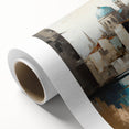 Abstract architectural wall art on rolled canvas, showcasing vibrant colors and geometric patterns, perfect for modern home decor, presented in a protective cardboard tube.