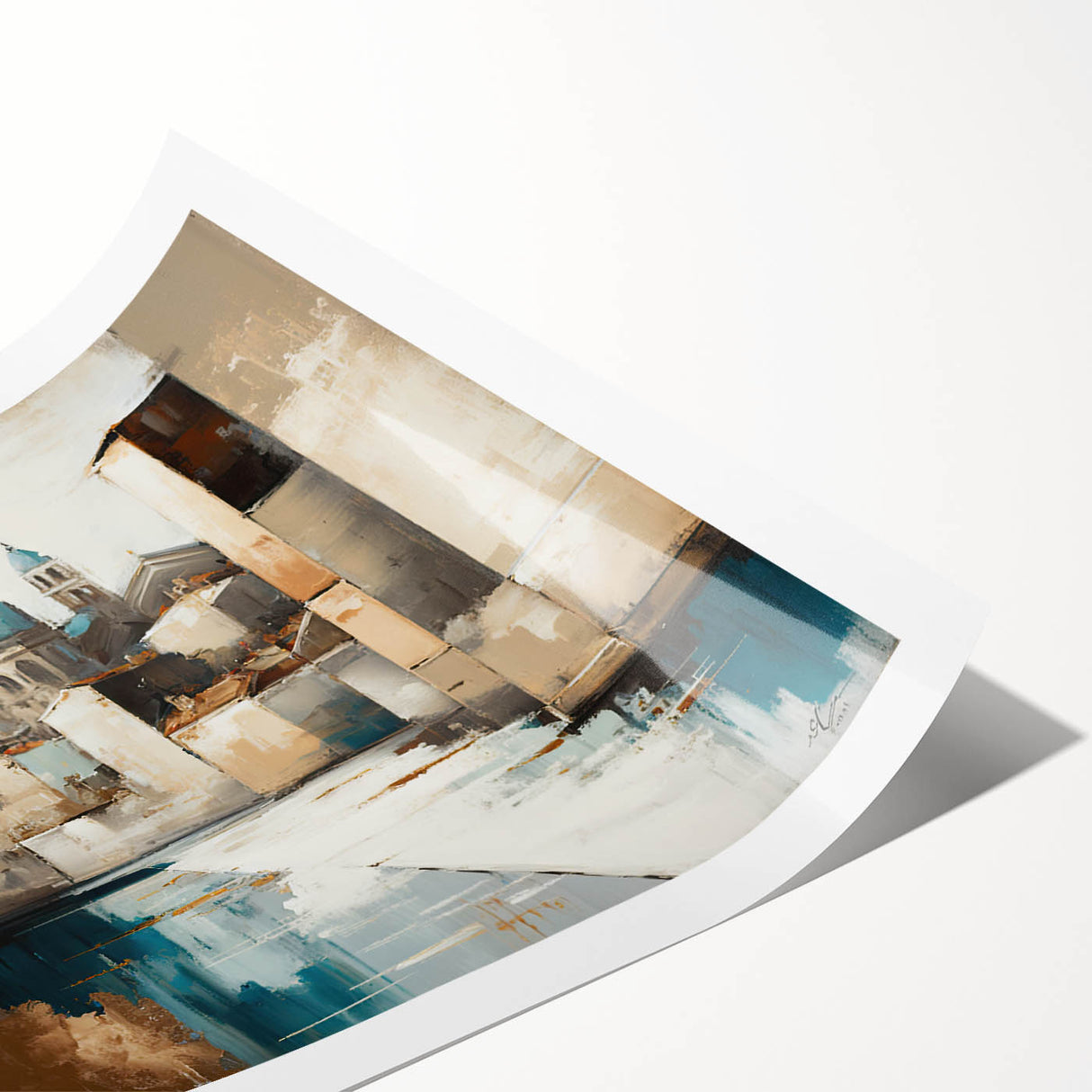 Abstract architecture wall art print showcasing vibrant geometric shapes in blue, orange, and yellow tones, elegantly rolled and secured for shipping, perfect for modern decor.