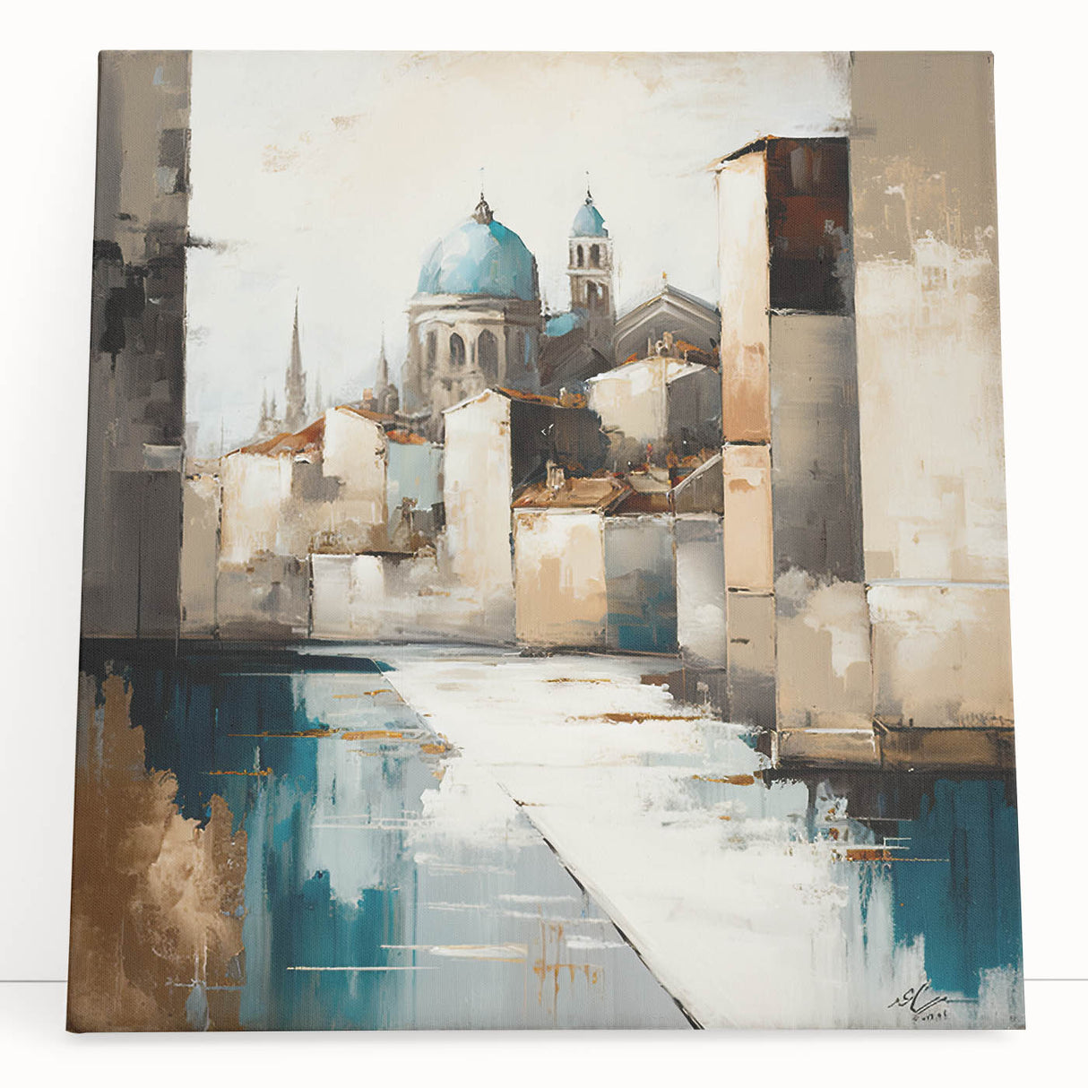 Abstract architectural wall art on stretched canvas, showcasing vibrant geometric patterns in blue, orange, and white, leaning against a minimalist wall for a modern decor aesthetic.