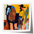 Abstract figurative wall art print showcasing vibrant colors and dynamic shapes, displayed in a glossy finish, perfect for modern home decor.