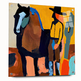 Abstract figurative wall art displayed in a sleek acrylic glass frame, showcasing vibrant colors and dynamic shapes, perfect for modern home decor.