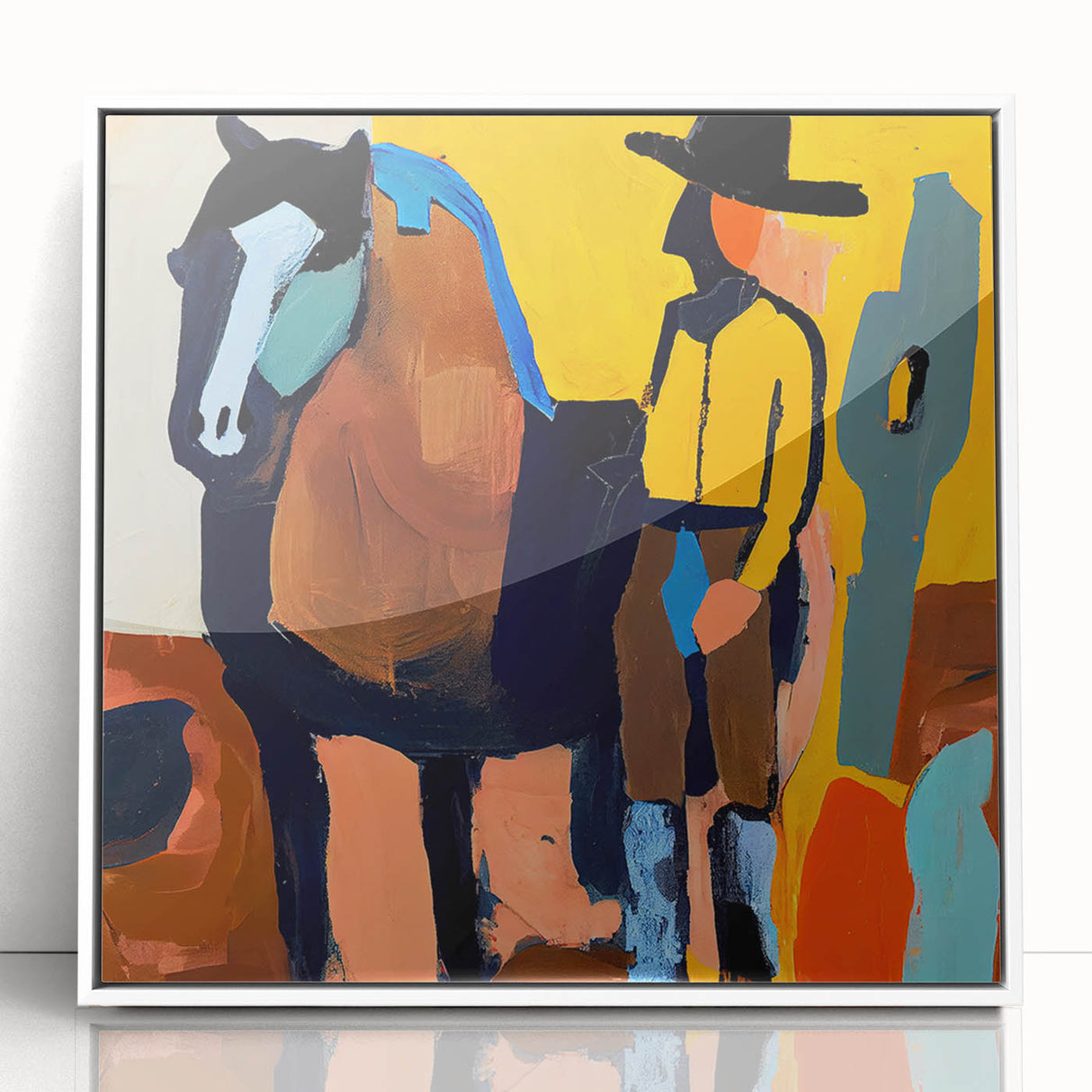 Framed abstract figurative wall art in a white frame, showcasing vibrant colors and modern design. Ideal for contemporary home decor and artistic spaces.
