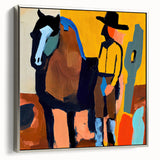 Abstract figurative wall art featuring a silver-framed canvas design, showcasing a modern and vibrant color palette, ideal for contemporary home decor.