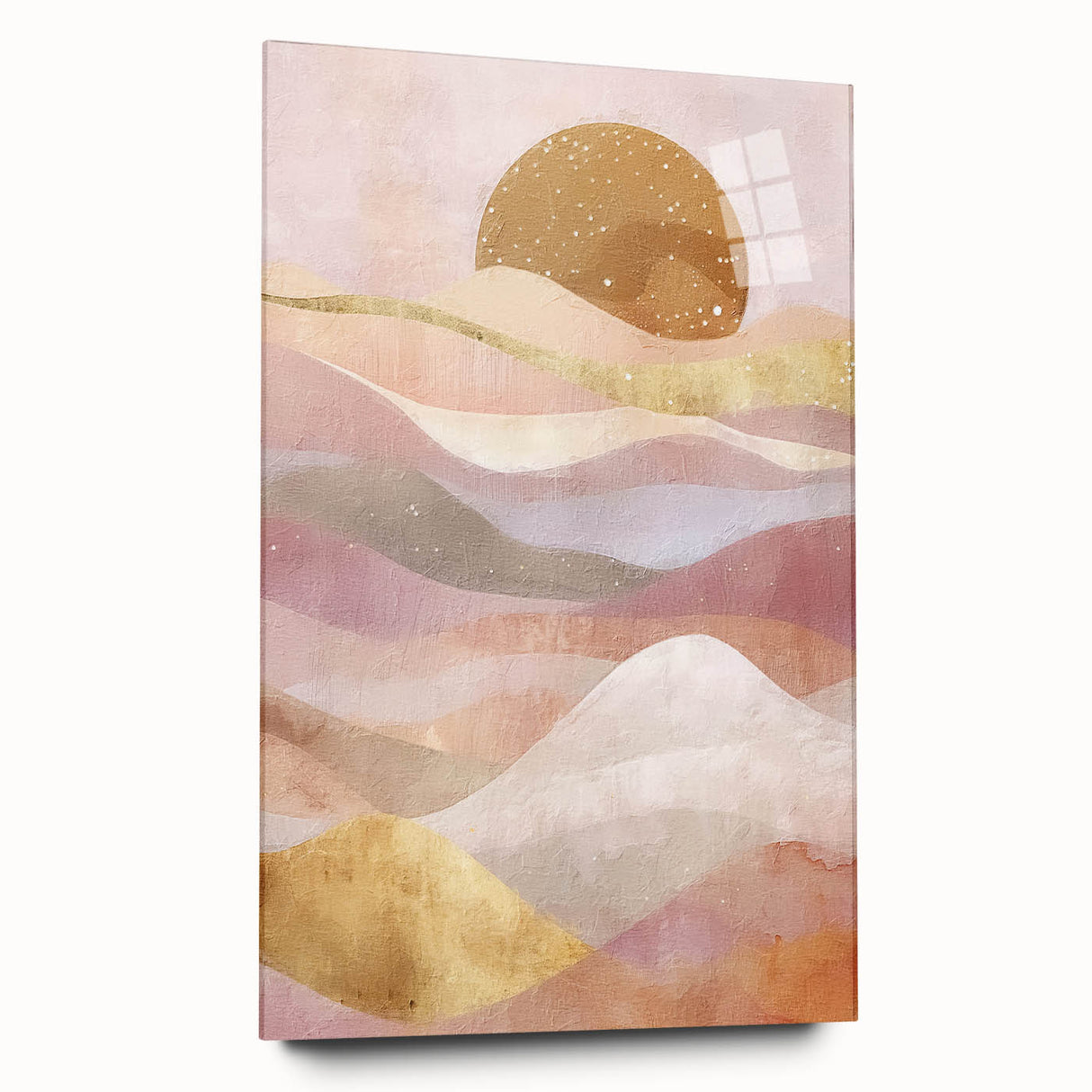 Abstract landscape wall art displayed in a side view, showcasing vibrant colors and fluid designs on acrylic glass, ideal for modern home decor.