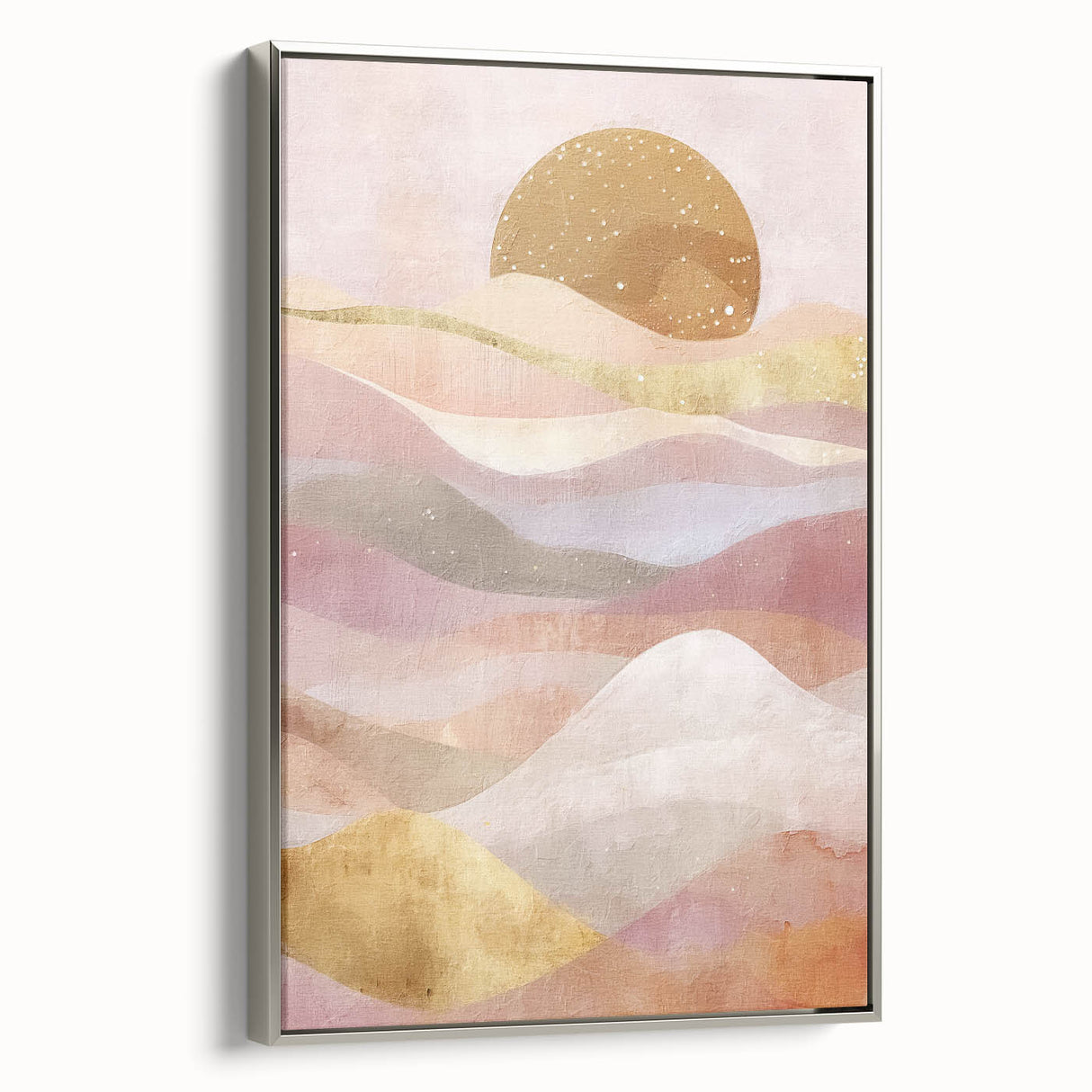 Framed abstract landscape wall art featuring a silver frame, showcasing vibrant colors and dynamic shapes, ideal for modern home decor. The artwork captures a serene outdoor scene, enhancing any living space with its artistic flair and contemporary style.