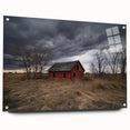 Side view of an acrylic glass wall art piece depicting a picturesque landscape of a barn, showcasing vibrant colors and intricate details, ideal for rustic decor.