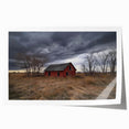 Landscape barn print rolled canvas showcasing rustic farm scenery with vibrant green fields, blue sky, and a classic red barn, securely packaged for delivery.